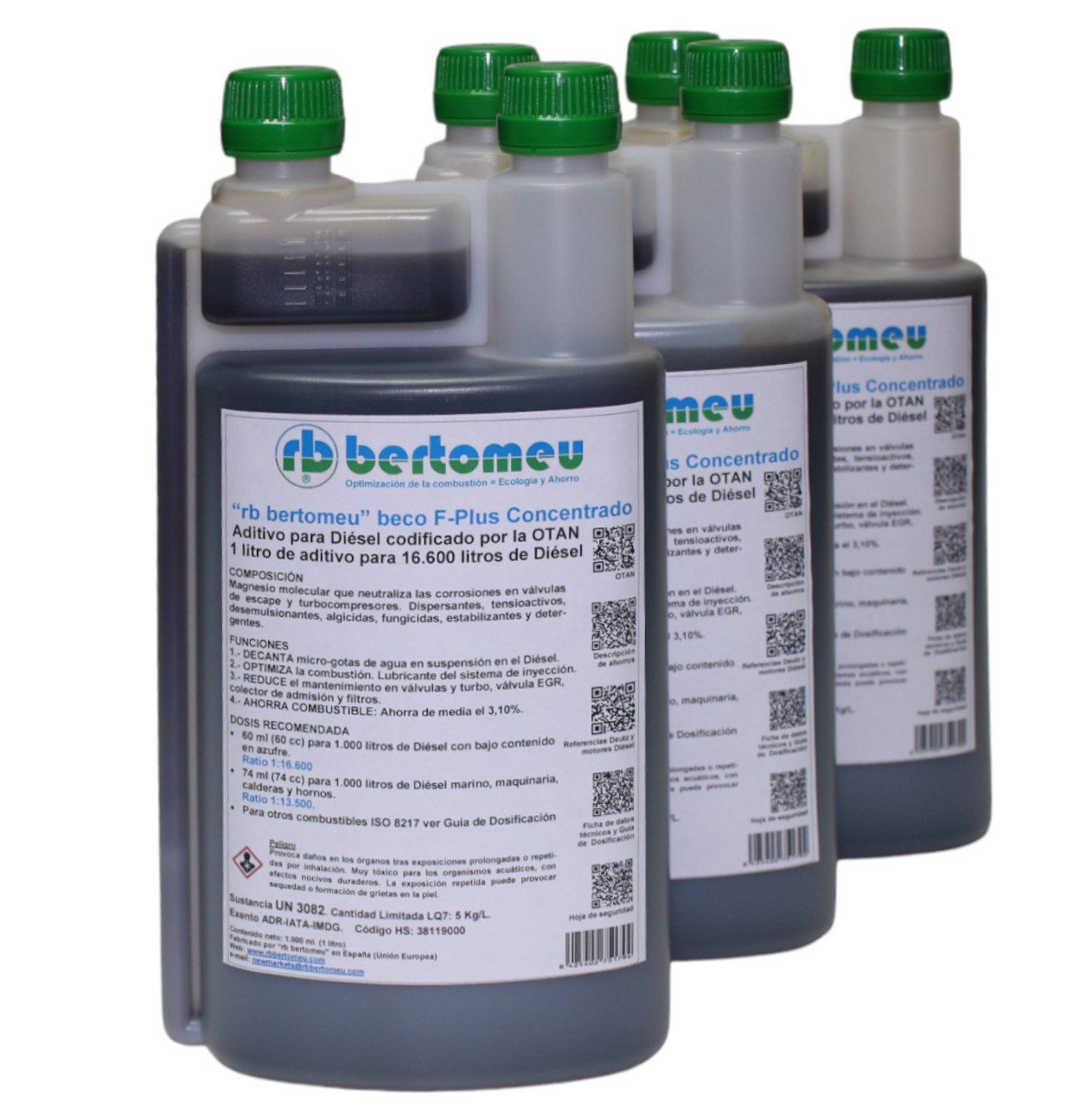Aditivo Diésel "rb bertomeu" beco F-Plus Concentrado<br>Codificado por la OTAN<br>Pack de 3 botellas con 1 litro cada una, doble boca y depósito dosificador - Imagen 2