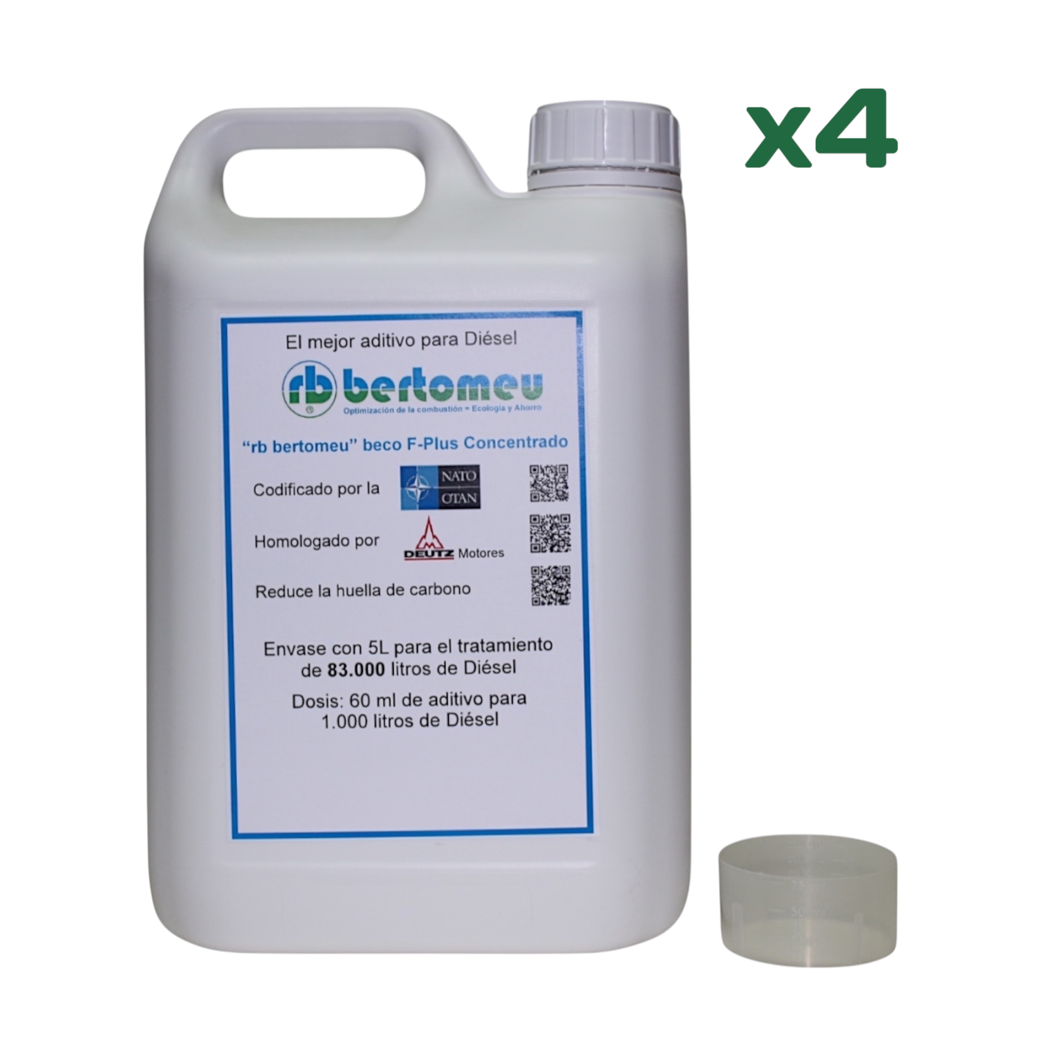 Aditivo Diésel "rb bertomeu" beco F-Plus Concentrado<br>Codificado por la OTAN<br>Packs de 4 jerricans de 5L con 4 vasos dosificadores