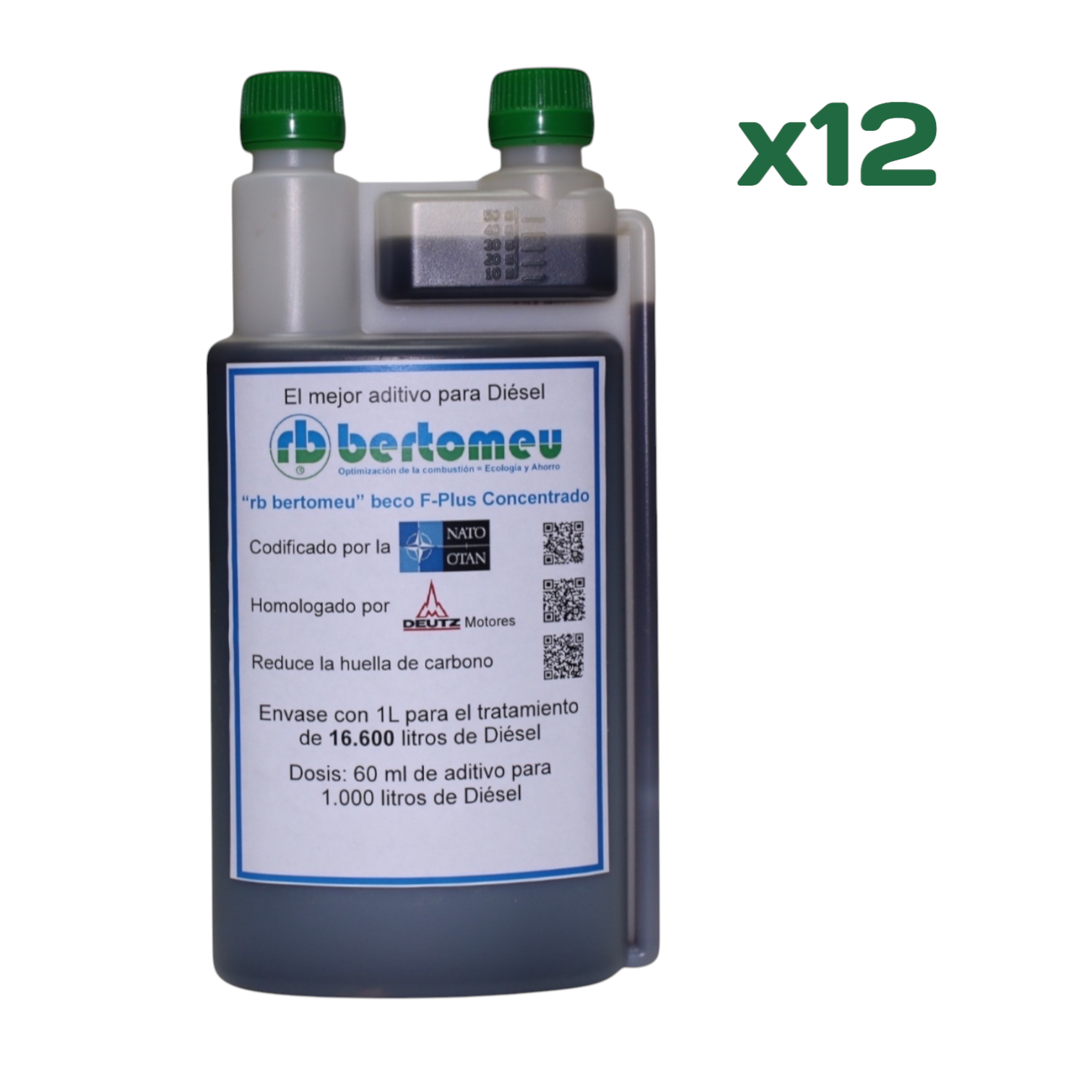 Aditivo Diésel "rb bertomeu" beco F-Plus Concentrado<br>Codificado por la OTAN<br>Packs de 12 botellas de 1L de doble boca