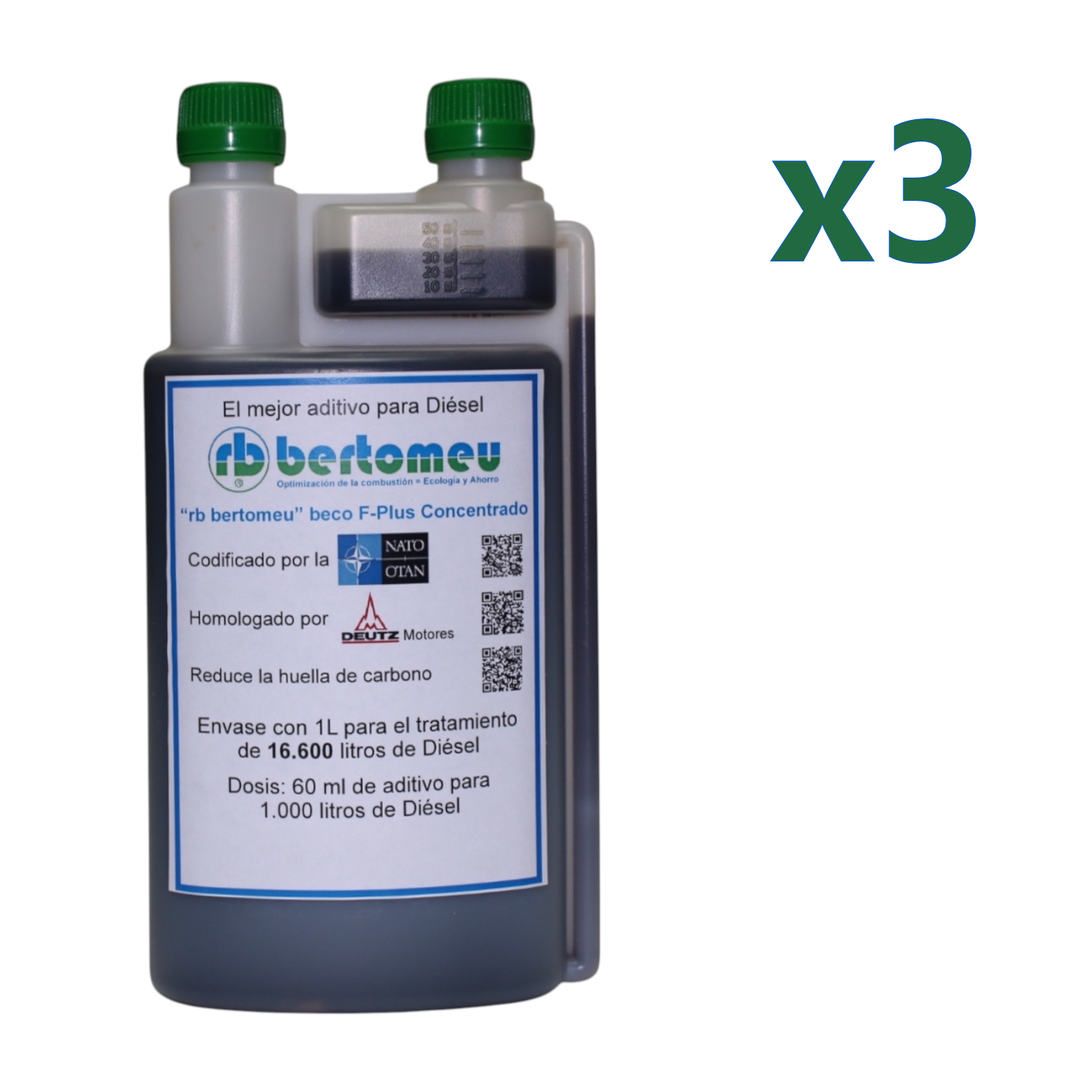 Aditivo Diésel "rb bertomeu" beco F-Plus Concentrado<br>Codificado por la OTAN<br>Pack de 3 botellas con 1 litro cada una, doble boca y depósito dosificador