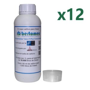 Aditivo Diésel "rb bertomeu" beco F-Plus Concentrado<br>Codificado por la OTAN<br>Packs de 12 botellas cilíndricas de 1L + 12 vasos dosificadores